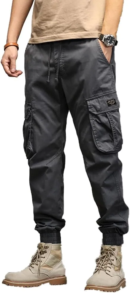 Men's Military Cargo Pants Drawstring Cotton Multi Pockets Regular Fit Work Pants