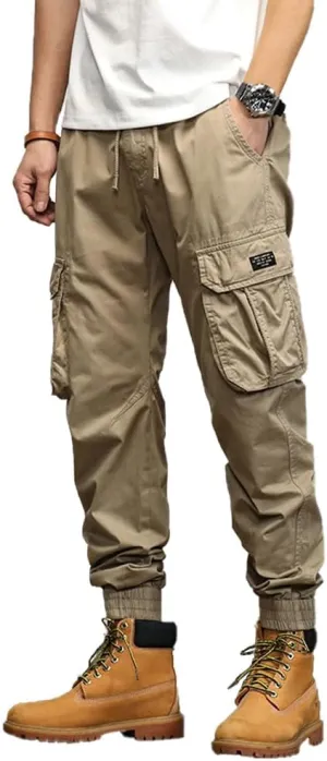 Men's Military Cargo Pants Drawstring Cotton Multi Pockets Regular Fit Work Pants