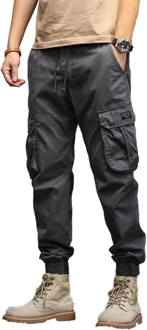 Men's Military Cargo Pants Drawstring Cotton Multi Pockets Regular Fit Work Pants
