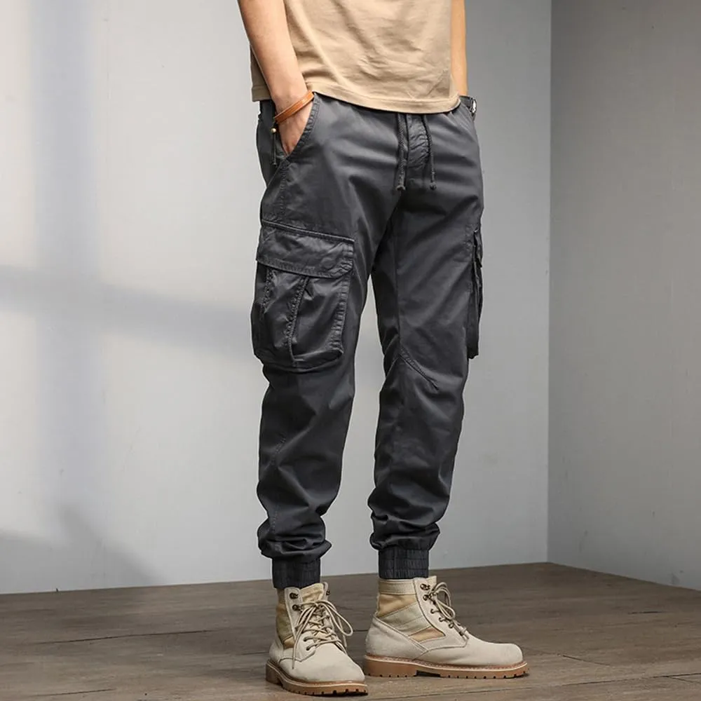 Men's Military Cargo Pants Drawstring Cotton Multi Pockets Regular Fit Work Pants