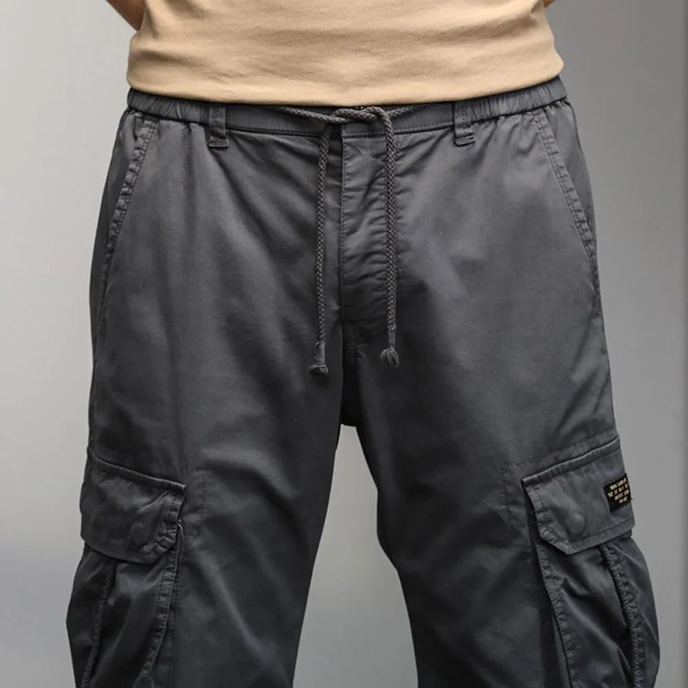 Men's Military Cargo Pants Drawstring Cotton Multi Pockets Regular Fit Work Pants