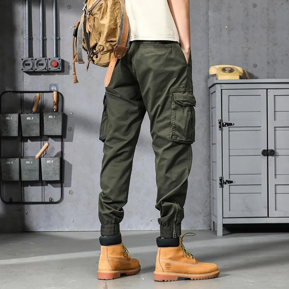 Men's Military Cargo Pants Drawstring Cotton Regular Fit Multi Pockets Work Pants
