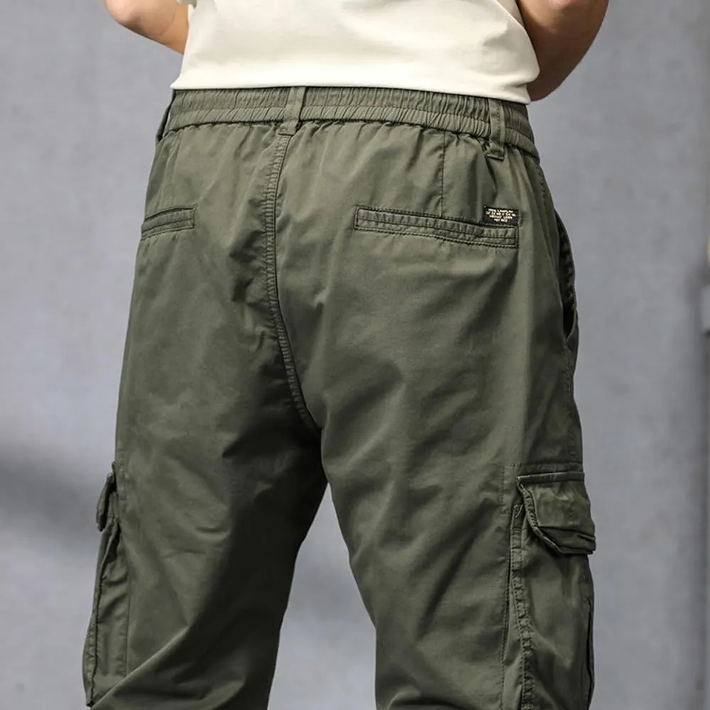 Men's Military Cargo Pants Drawstring Cotton Regular Fit Multi Pockets Work Pants