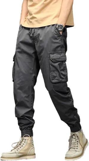 Men's Military Cargo Pants Drawstring Cotton Regular Fit Multi Pockets Work Pants
