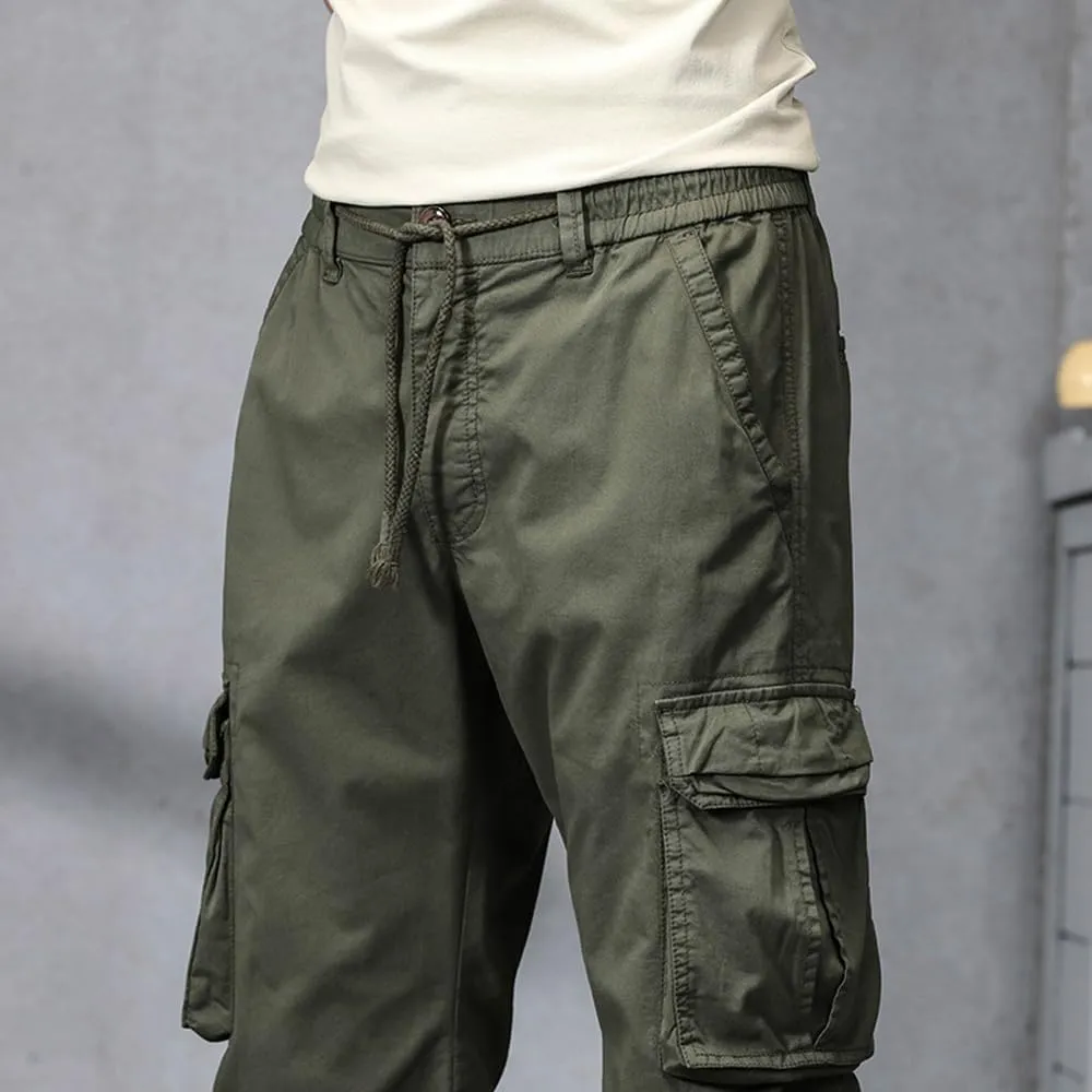 Men's Military Cargo Pants Drawstring Cotton Regular Fit Multi Pockets Work Pants