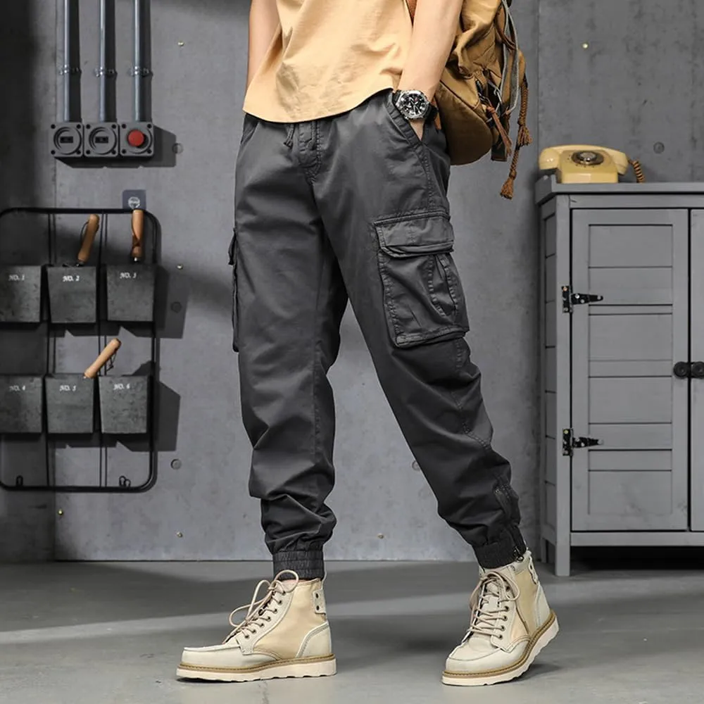 Men's Military Cargo Pants Drawstring Cotton Regular Fit Multi Pockets Work Pants