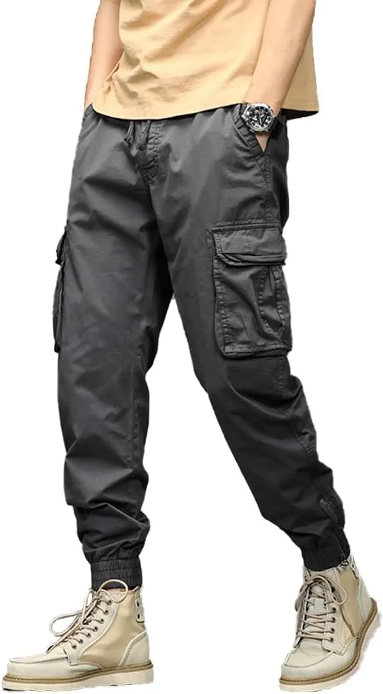 Men's Military Cargo Pants Drawstring Cotton Regular Fit Multi Pockets Work Pants