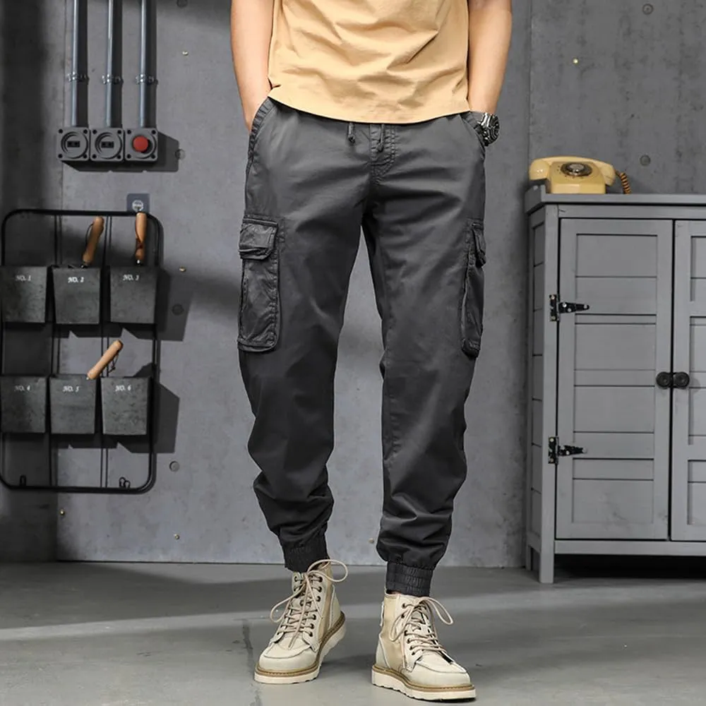Men's Military Cargo Pants Drawstring Cotton Regular Fit Multi Pockets Work Pants