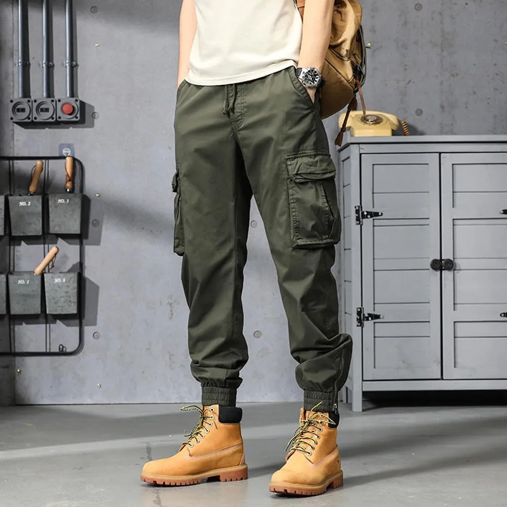 Men's Military Cargo Pants Drawstring Cotton Regular Fit Multi Pockets Work Pants