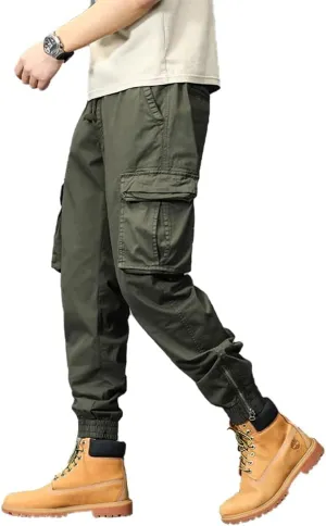 Men's Military Cargo Pants Drawstring Cotton Regular Fit Multi Pockets Work Pants