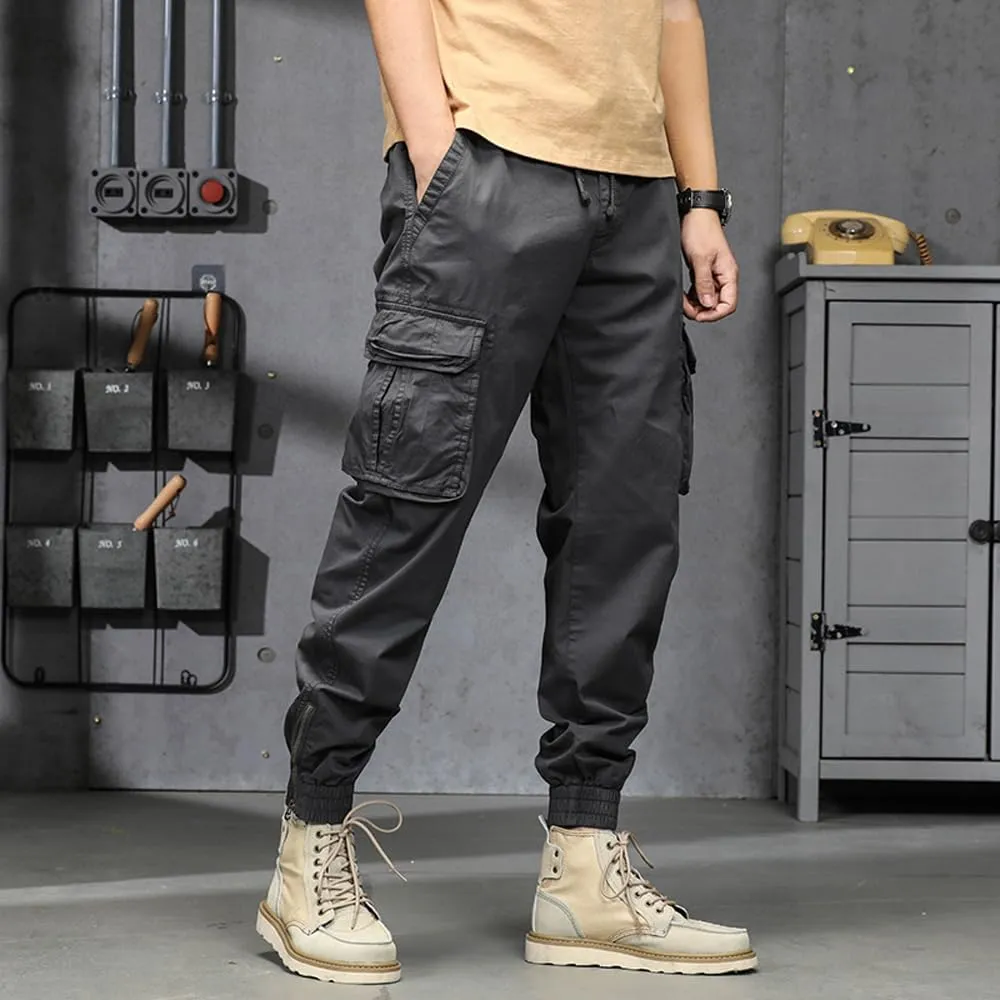 Men's Military Cargo Pants Drawstring Cotton Regular Fit Multi Pockets Work Pants