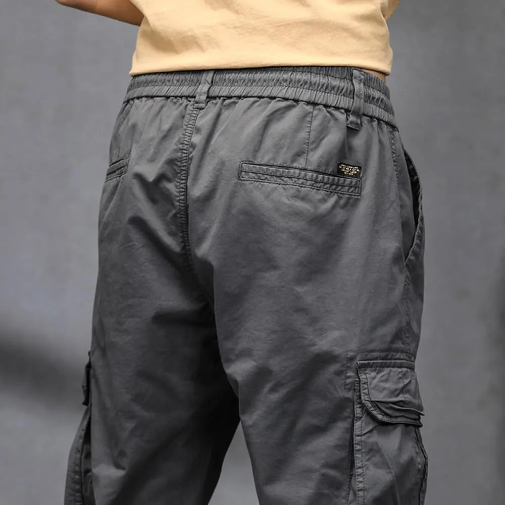 Men's Military Cargo Pants Drawstring Cotton Regular Fit Multi Pockets Work Pants