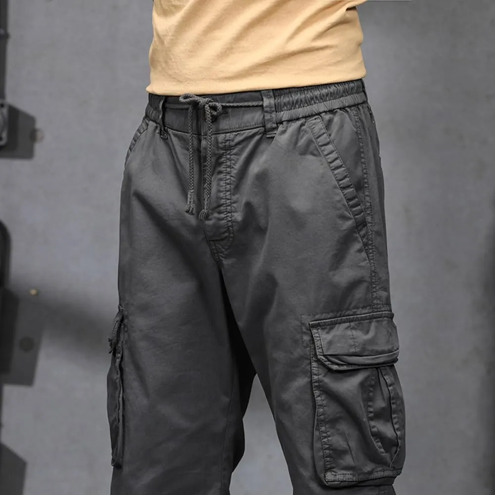 Men's Military Cargo Pants Drawstring Cotton Regular Fit Multi Pockets Work Pants