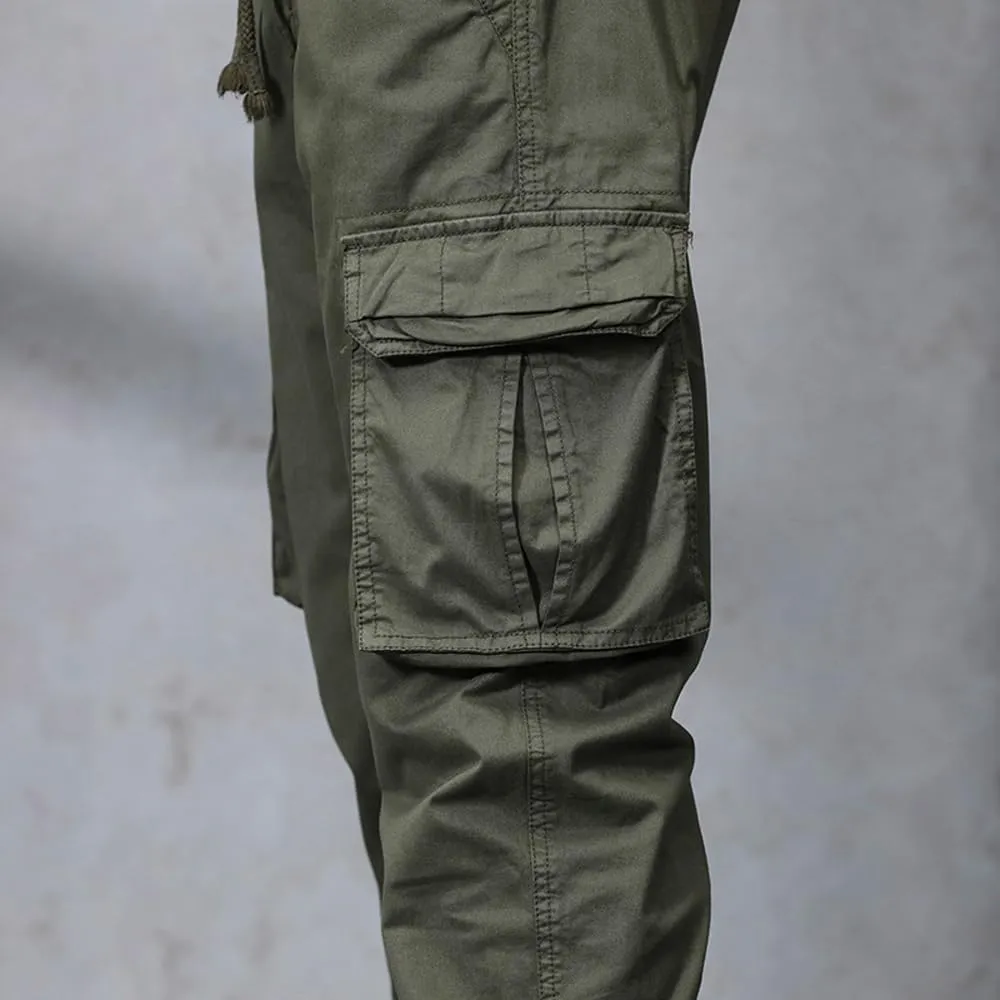Men's Military Cargo Pants Drawstring Cotton Regular Fit Multi Pockets Work Pants