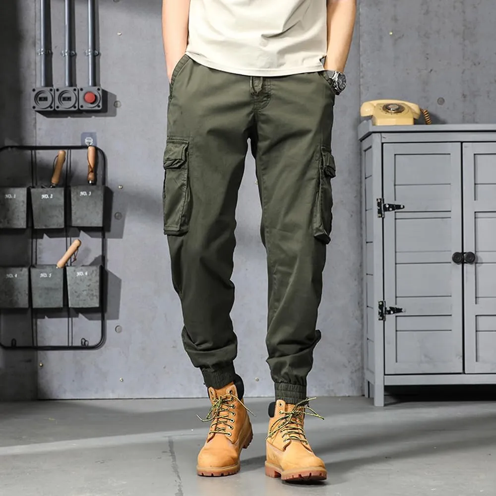 Men's Military Cargo Pants Drawstring Cotton Regular Fit Multi Pockets Work Pants