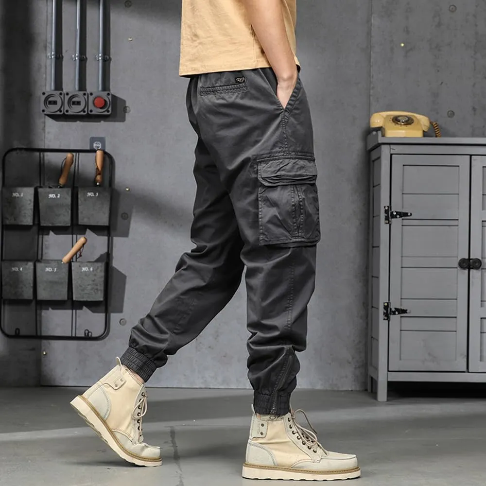Men's Military Cargo Pants Drawstring Cotton Regular Fit Multi Pockets Work Pants