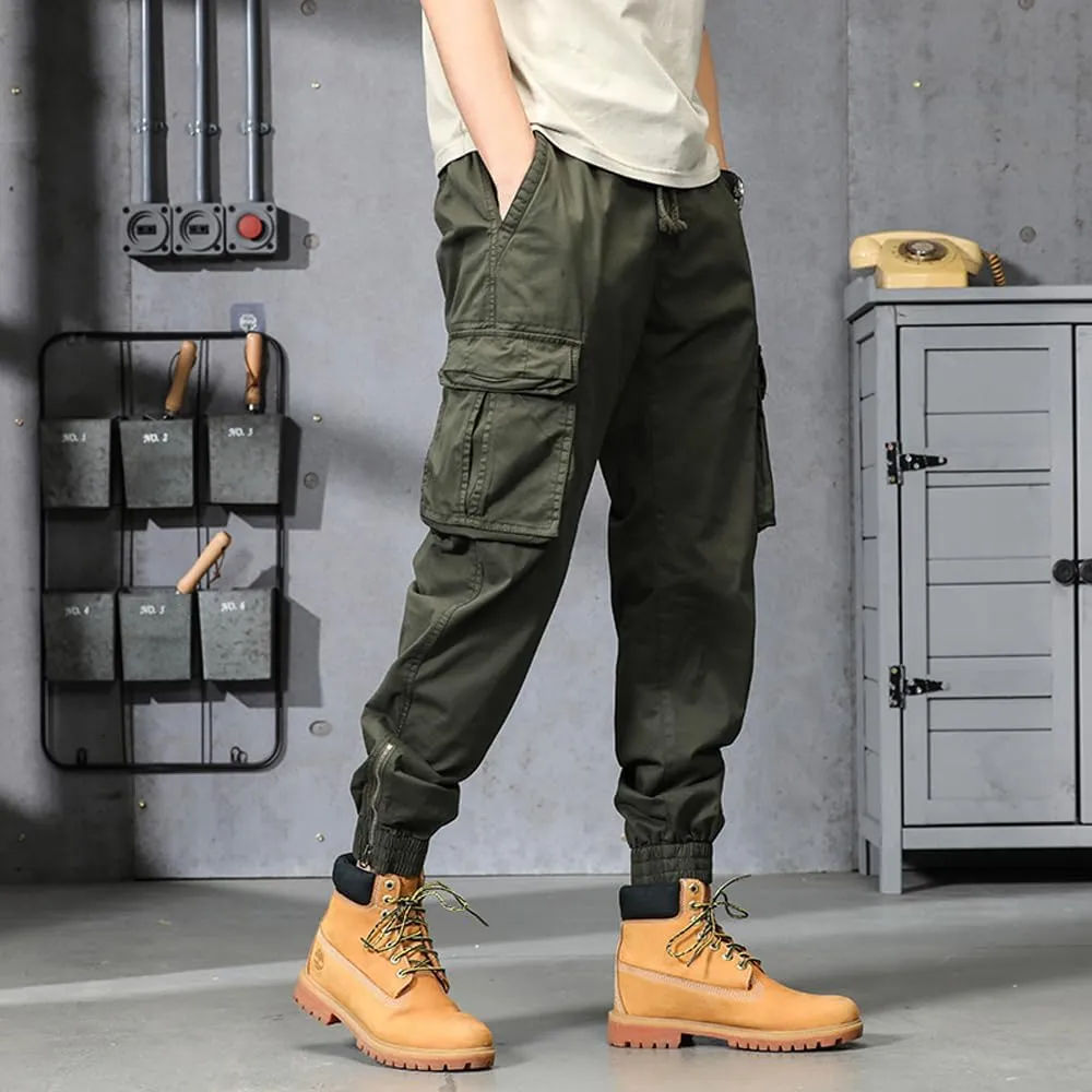 Men's Military Cargo Pants Drawstring Cotton Regular Fit Multi Pockets Work Pants