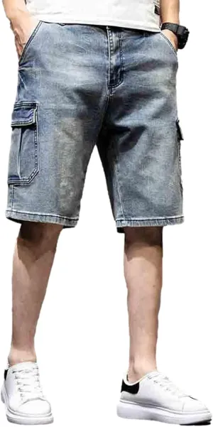 Men`s Motorcycle Loose Fit Cropped Work Jeans Denim Cargo Shorts