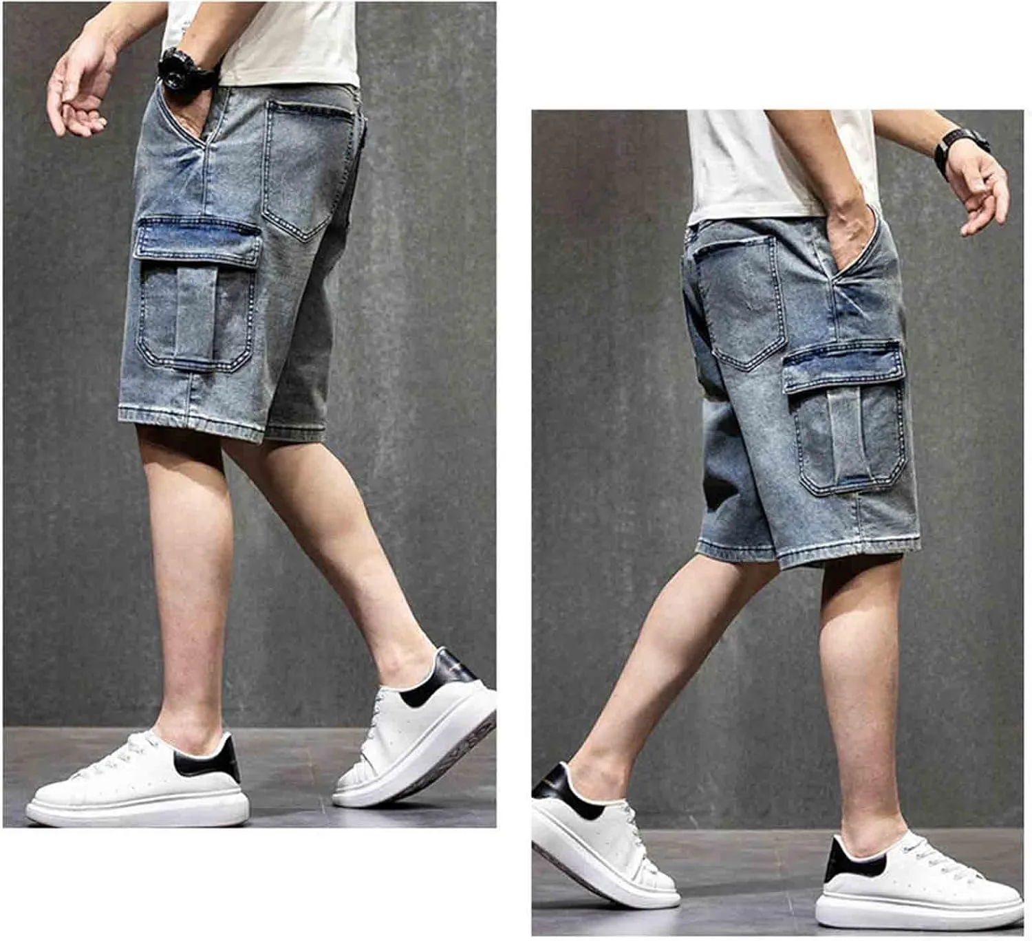 Men`s Motorcycle Loose Fit Cropped Work Jeans Denim Cargo Shorts