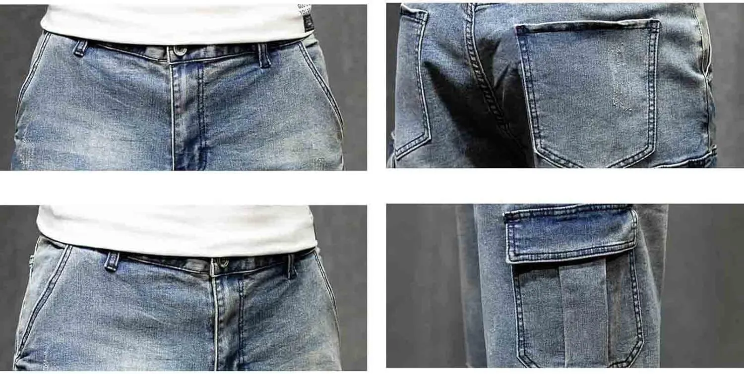 Men`s Motorcycle Loose Fit Cropped Work Jeans Denim Cargo Shorts
