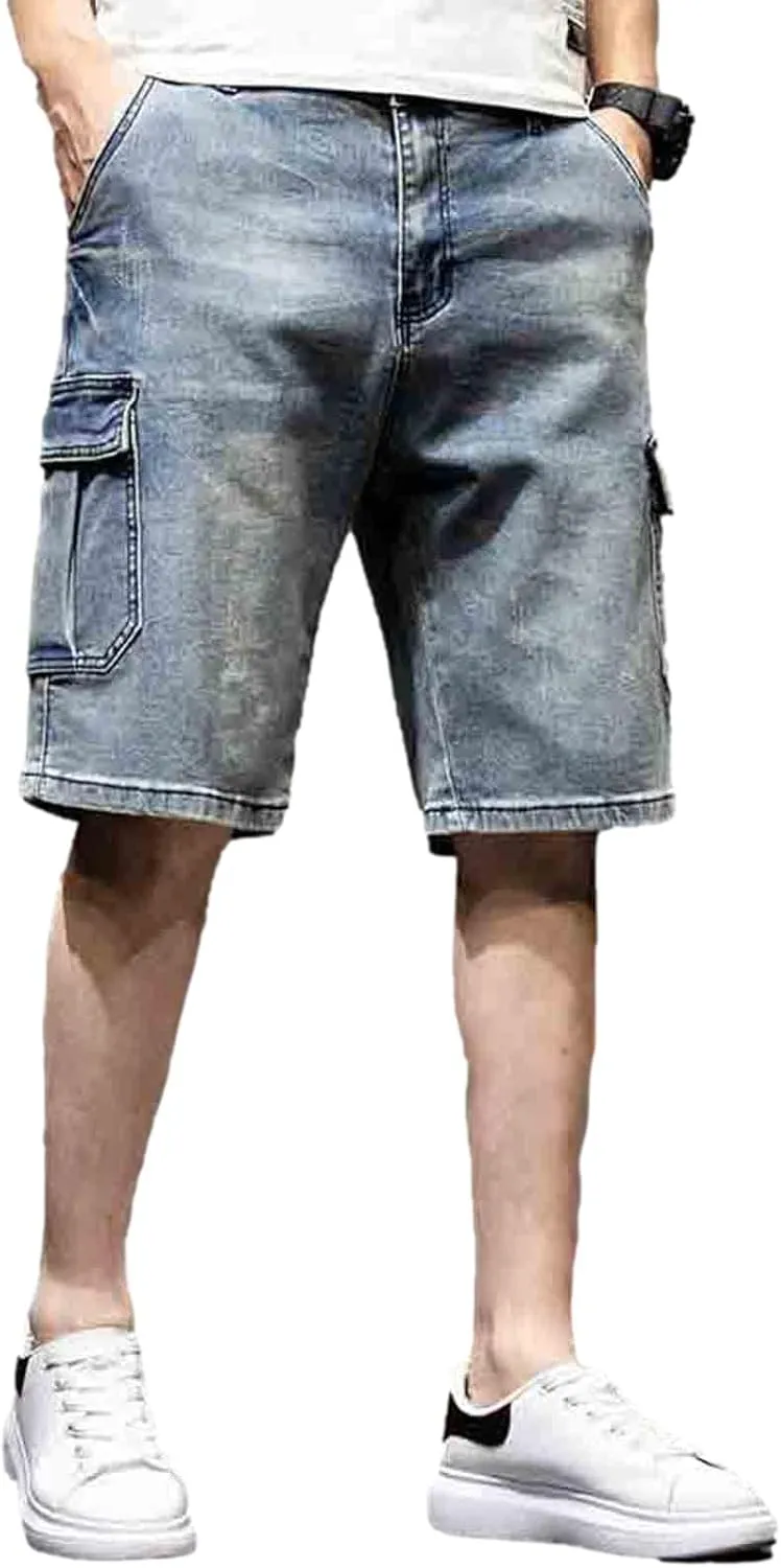 Men`s Motorcycle Loose Fit Cropped Work Jeans Denim Cargo Shorts