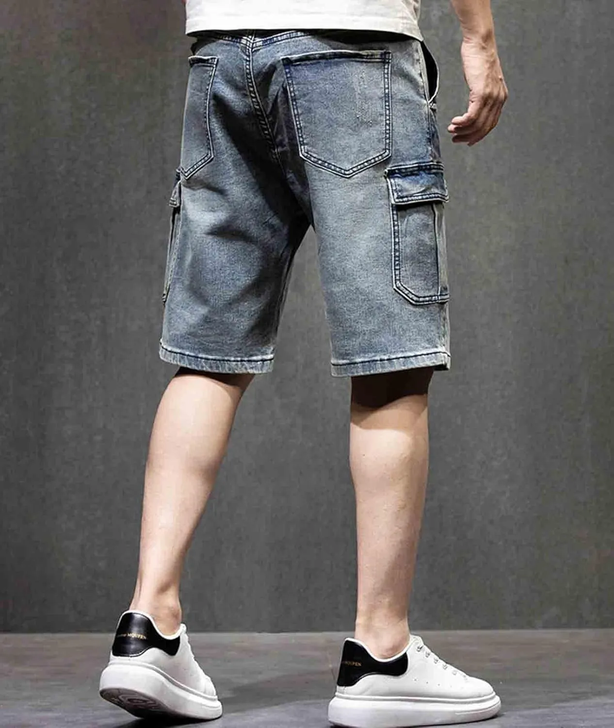 Men`s Motorcycle Loose Fit Cropped Work Jeans Denim Cargo Shorts