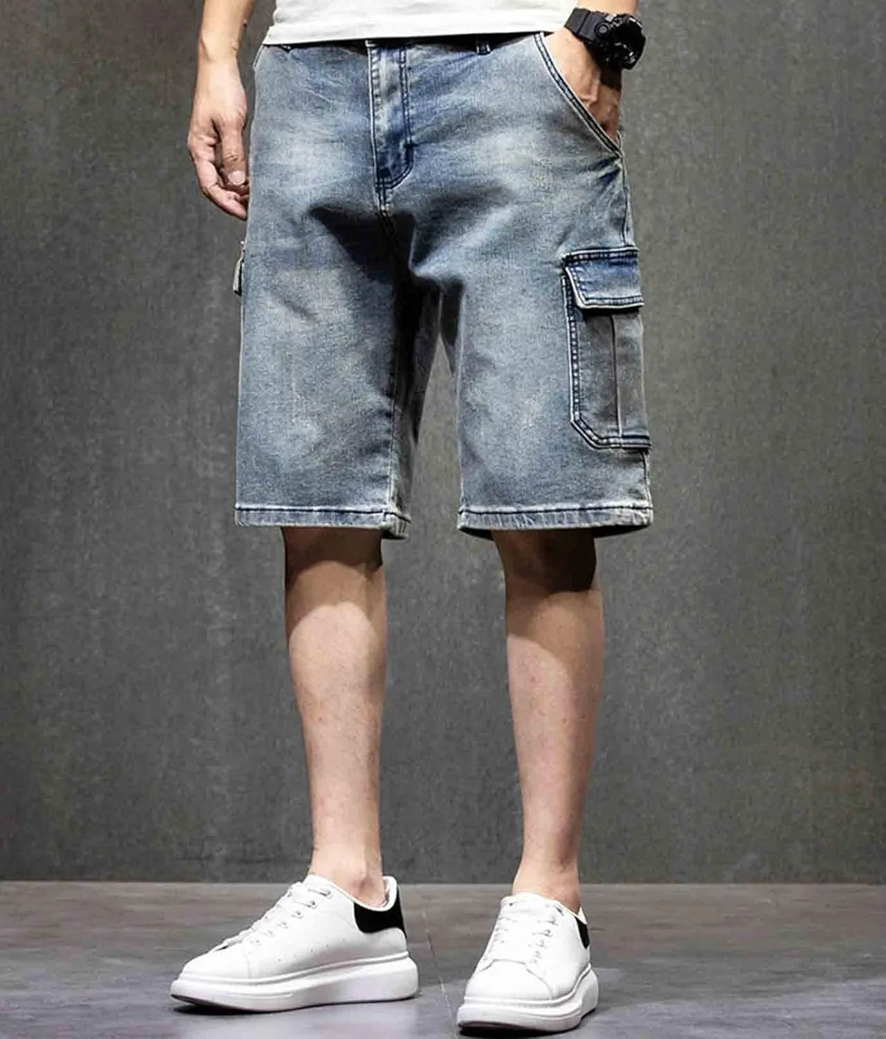 Men`s Motorcycle Loose Fit Cropped Work Jeans Denim Cargo Shorts