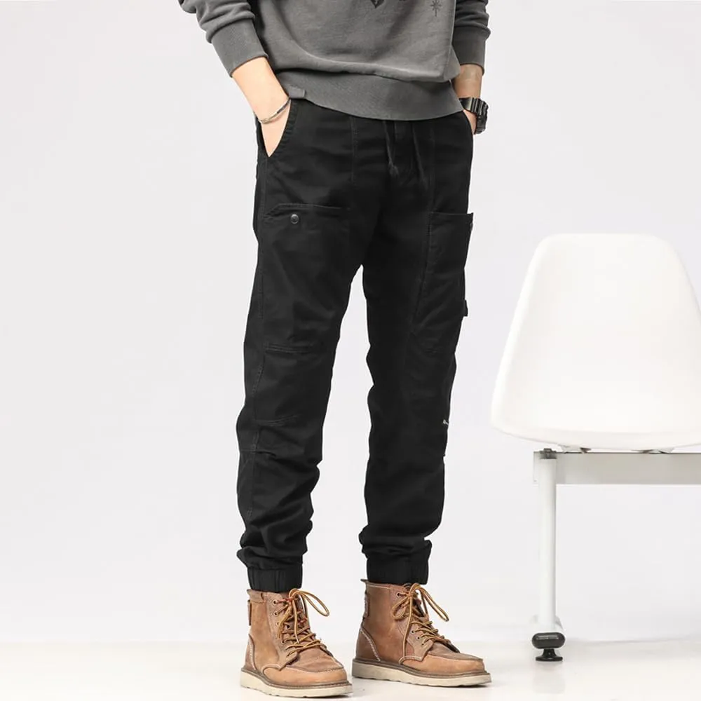 Men's Multi Pockets Tactical Cargo Pants Regular Fit Drawstring Cotton Work Trouser