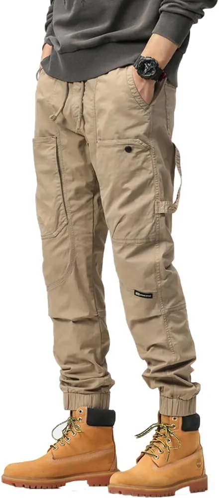 Men's Multi Pockets Tactical Cargo Pants Regular Fit Drawstring Cotton Work Trouser