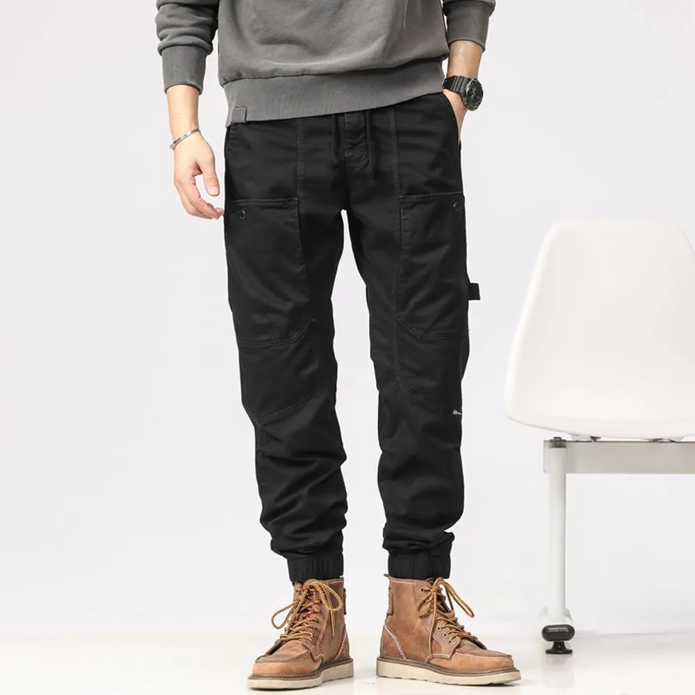 Men's Multi Pockets Tactical Cargo Pants Regular Fit Drawstring Cotton Work Trouser