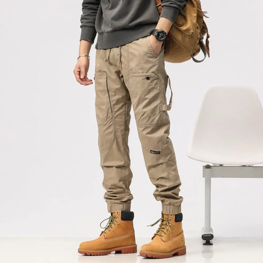 Men's Multi Pockets Tactical Cargo Pants Regular Fit Drawstring Cotton Work Trouser