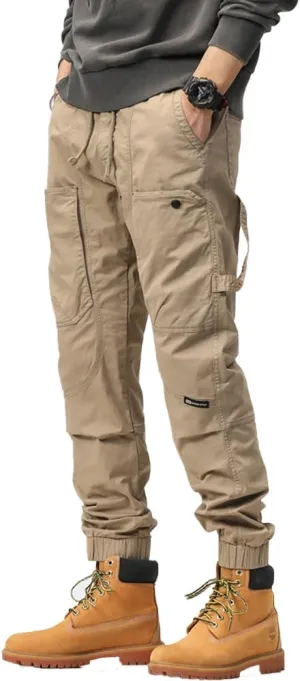 Men's Multi Pockets Tactical Cargo Pants Regular Fit Drawstring Cotton Work Trouser