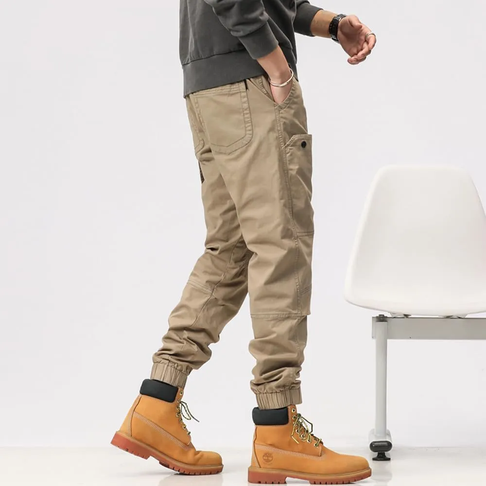 Men's Multi Pockets Tactical Cargo Pants Regular Fit Drawstring Cotton Work Trouser