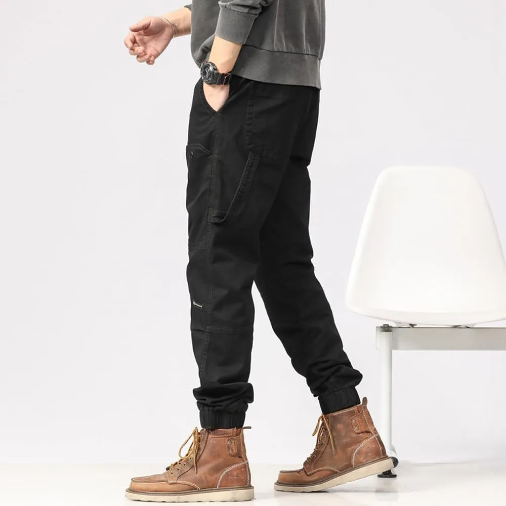 Men's Multi Pockets Tactical Cargo Pants Regular Fit Drawstring Cotton Work Trouser