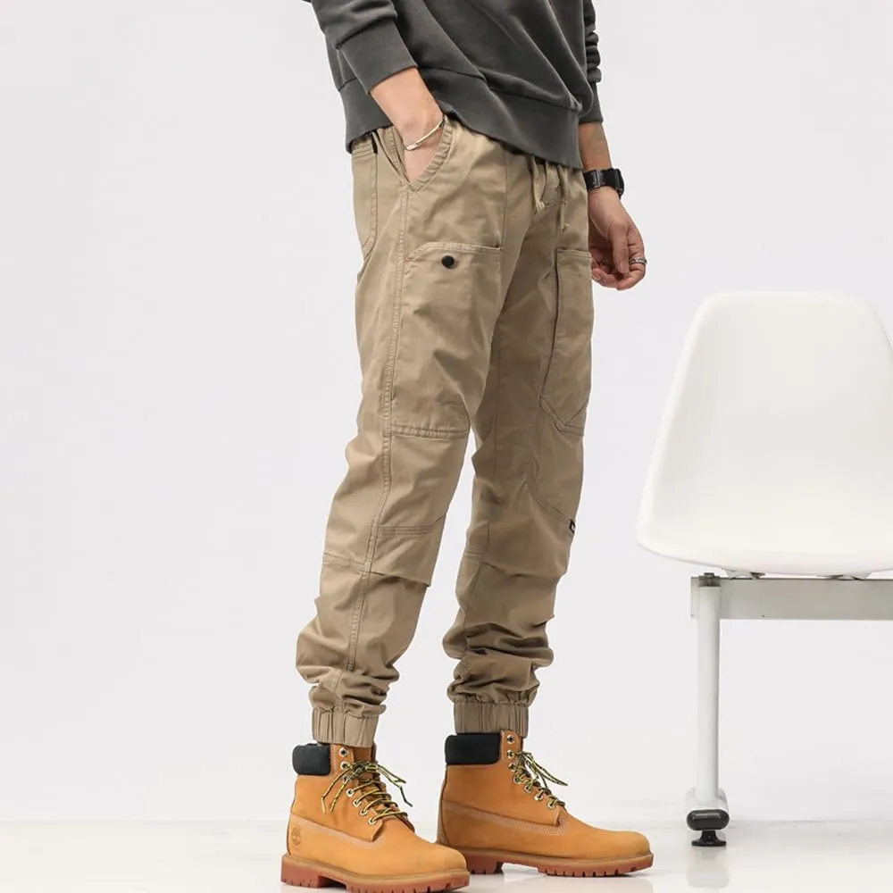 Men's Multi Pockets Tactical Cargo Pants Regular Fit Drawstring Cotton Work Trouser