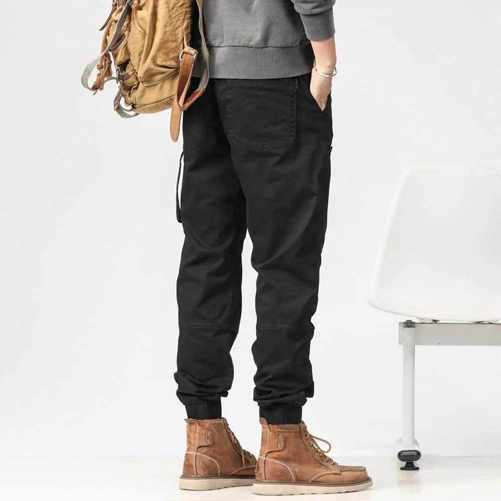 Men's Multi Pockets Tactical Cargo Pants Regular Fit Drawstring Cotton Work Trouser
