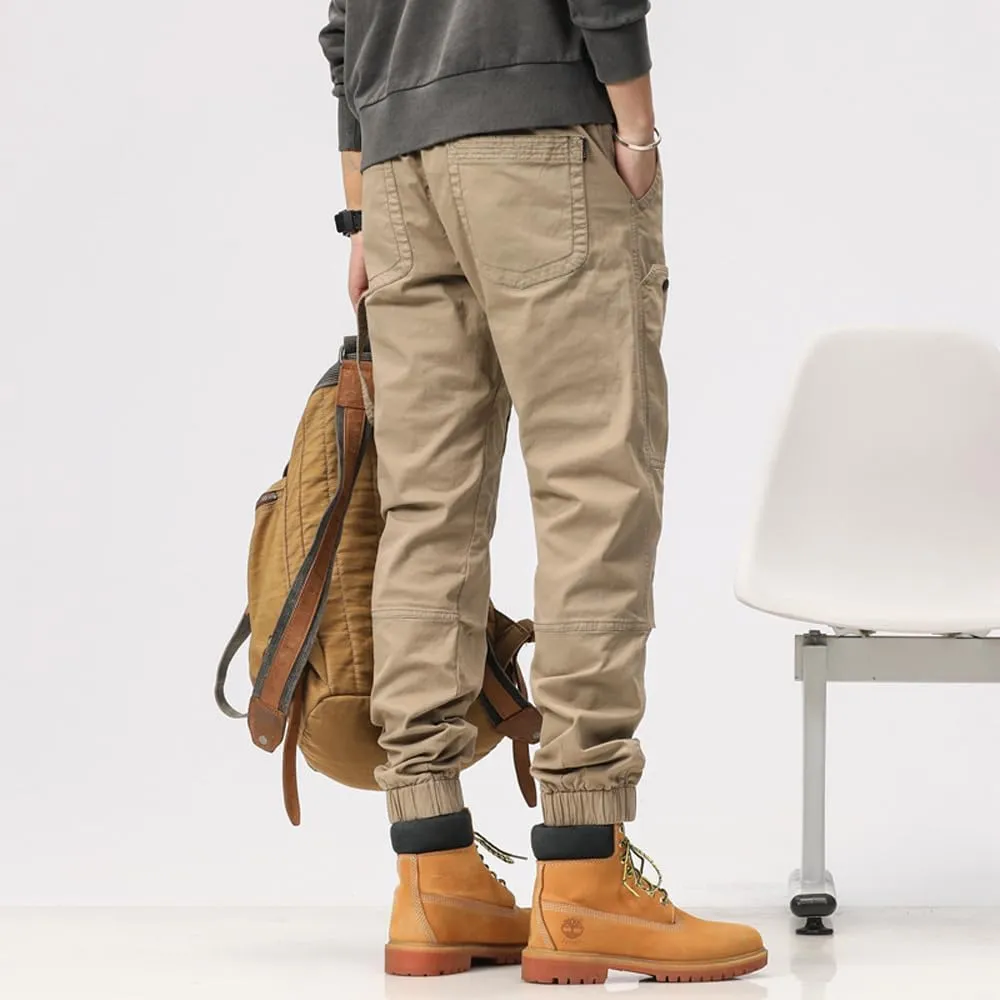 Men's Multi Pockets Tactical Cargo Pants Regular Fit Drawstring Cotton Work Trouser
