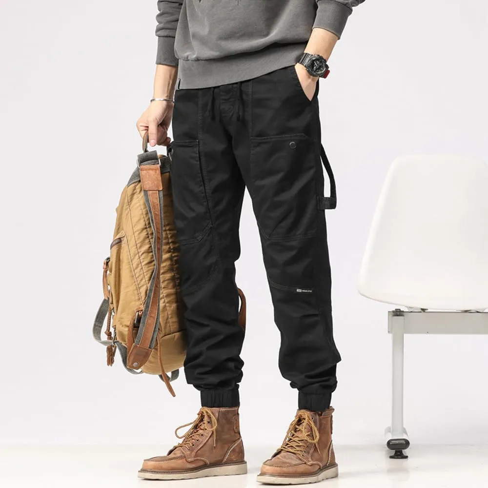 Men's Multi Pockets Tactical Cargo Pants Regular Fit Drawstring Cotton Work Trouser