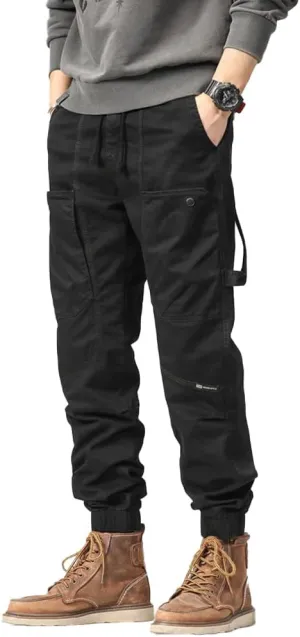 Men's Multi Pockets Tactical Cargo Pants Regular Fit Drawstring Cotton Work Trouser