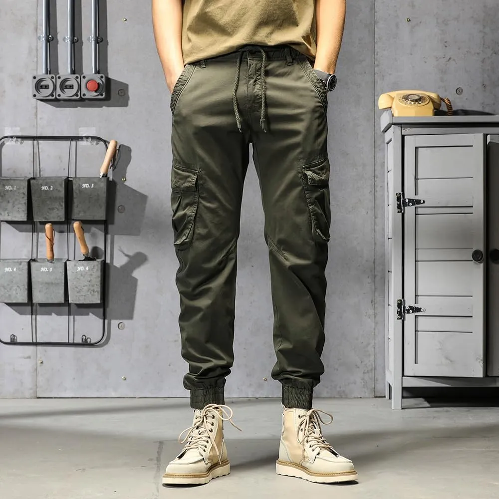 Men's Regular Fit Military Cargo Pants Drawstring Cotton Multi Pockets Work Trousers