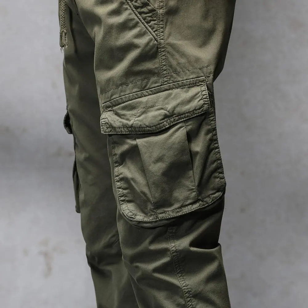 Men's Regular Fit Military Cargo Pants Drawstring Cotton Multi Pockets Work Trousers