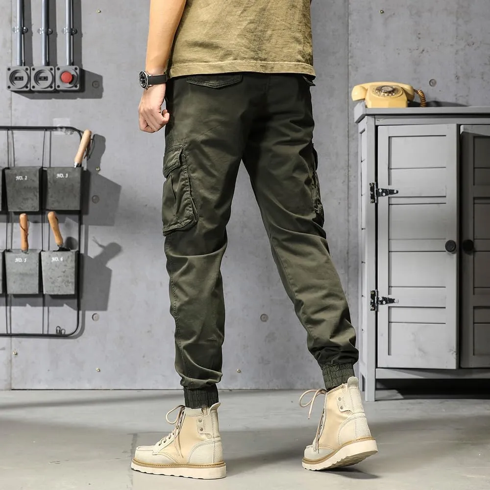 Men's Regular Fit Military Cargo Pants Drawstring Cotton Multi Pockets Work Trousers