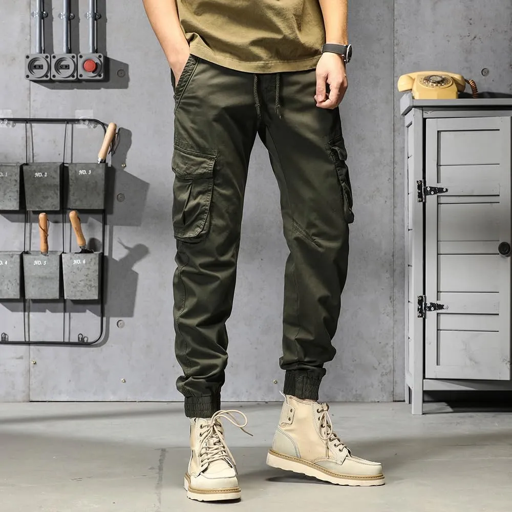Men's Regular Fit Military Cargo Pants Drawstring Cotton Multi Pockets Work Trousers