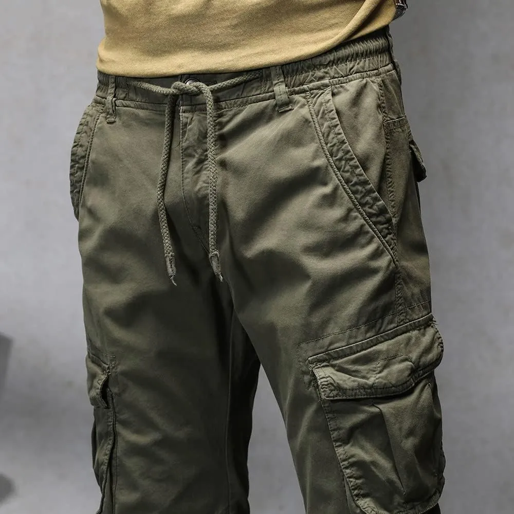 Men's Regular Fit Military Cargo Pants Drawstring Cotton Multi Pockets Work Trousers