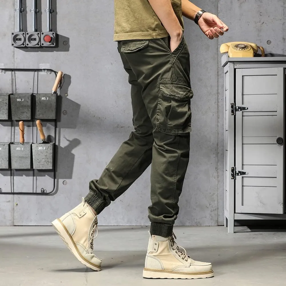 Men's Regular Fit Military Cargo Pants Drawstring Cotton Multi Pockets Work Trousers