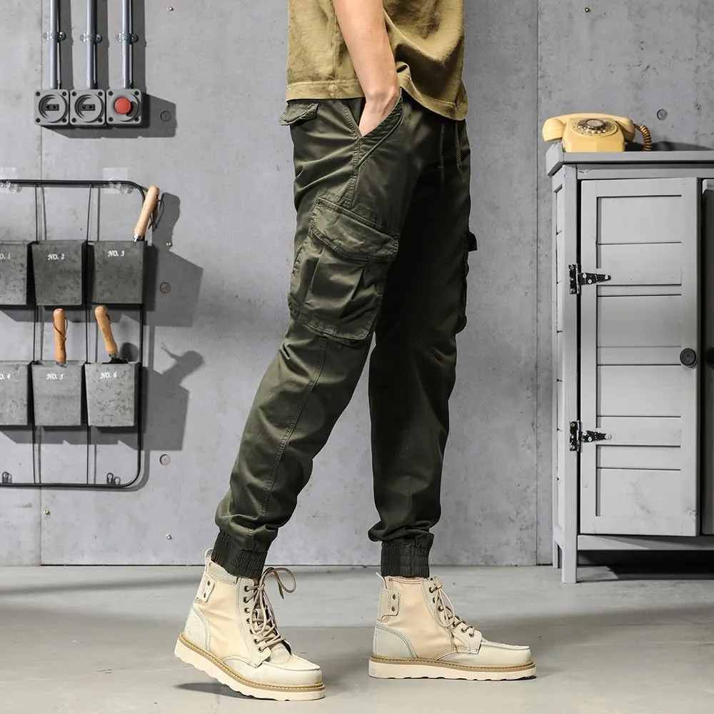 Men's Regular Fit Military Cargo Pants Drawstring Cotton Multi Pockets Work Trousers