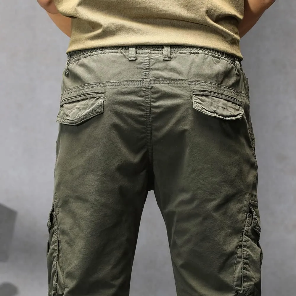 Men's Regular Fit Military Cargo Pants Drawstring Cotton Multi Pockets Work Trousers