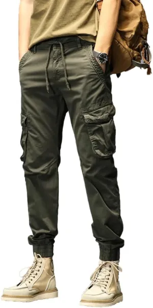 Men's Regular Fit Military Cargo Pants Drawstring Cotton Multi Pockets Work Trousers