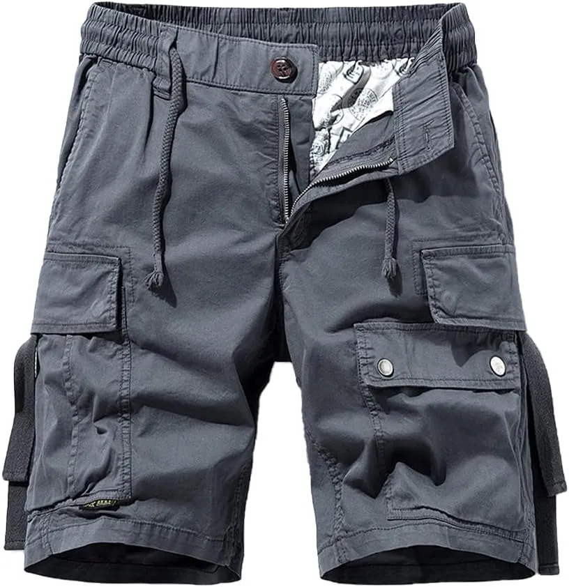 Men's Regular Fit Tactical Cargo Shorts Summer Drawstring Cotton Multi Pockets Work Shorts
