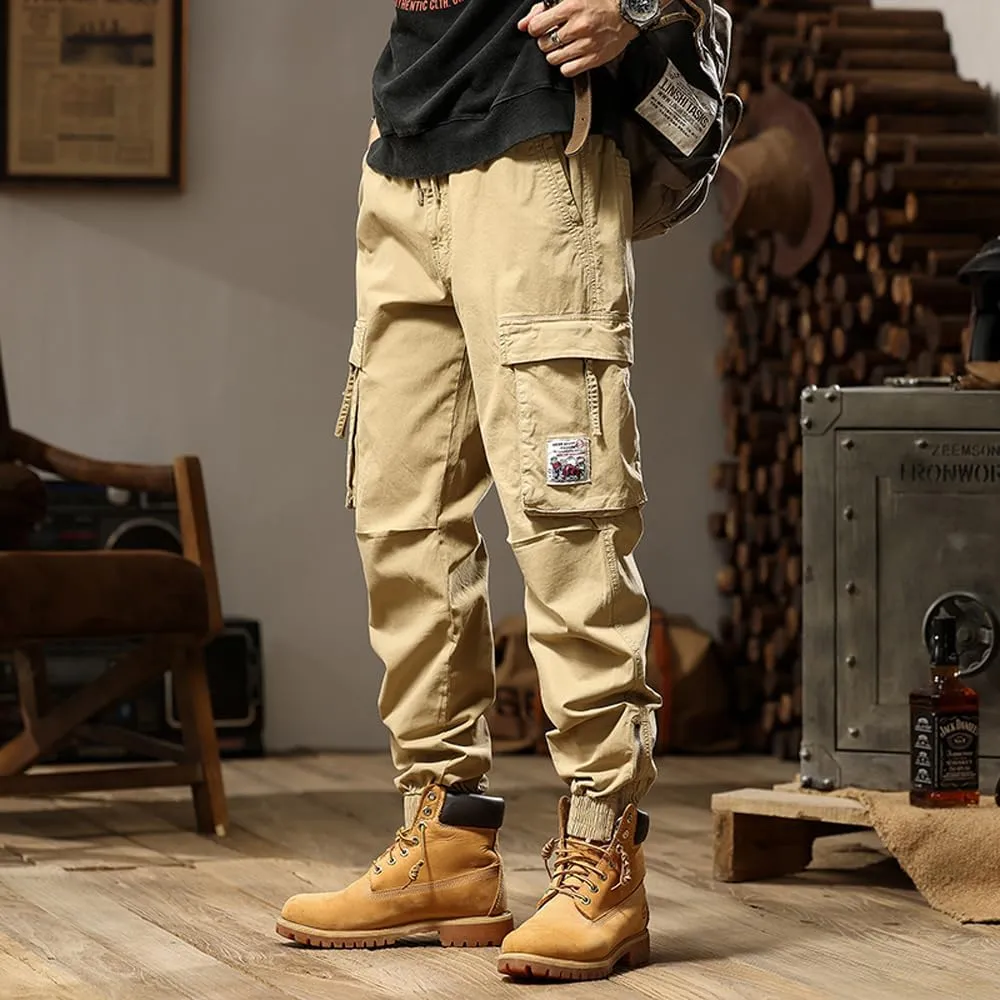 Men's Tactical Cargo Pants Drawstring Cotton Regular Fit Multi Pockets Work Trousers